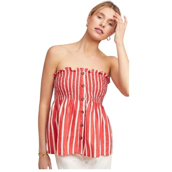Faithfull The Brand Mazur Strapless Striped Linen Top Smocked US 6 Peplum - Picture 2 of 15
